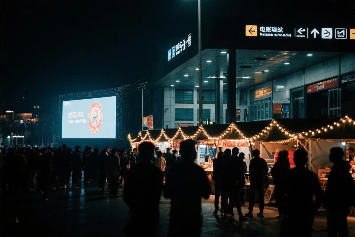 费城球迷广场夜景：大屏观赛人群、步行指示牌与公共交通入口
